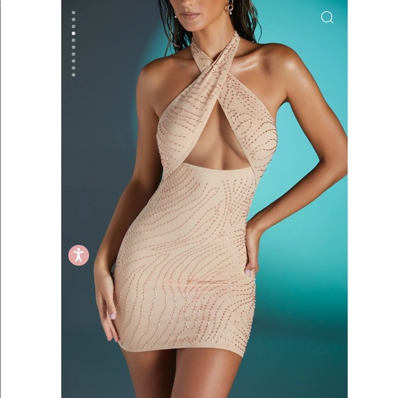 Oh Polly TOULOUSE Embellished Twist Neck Mini Dress in Sand - Picture 4 of 9